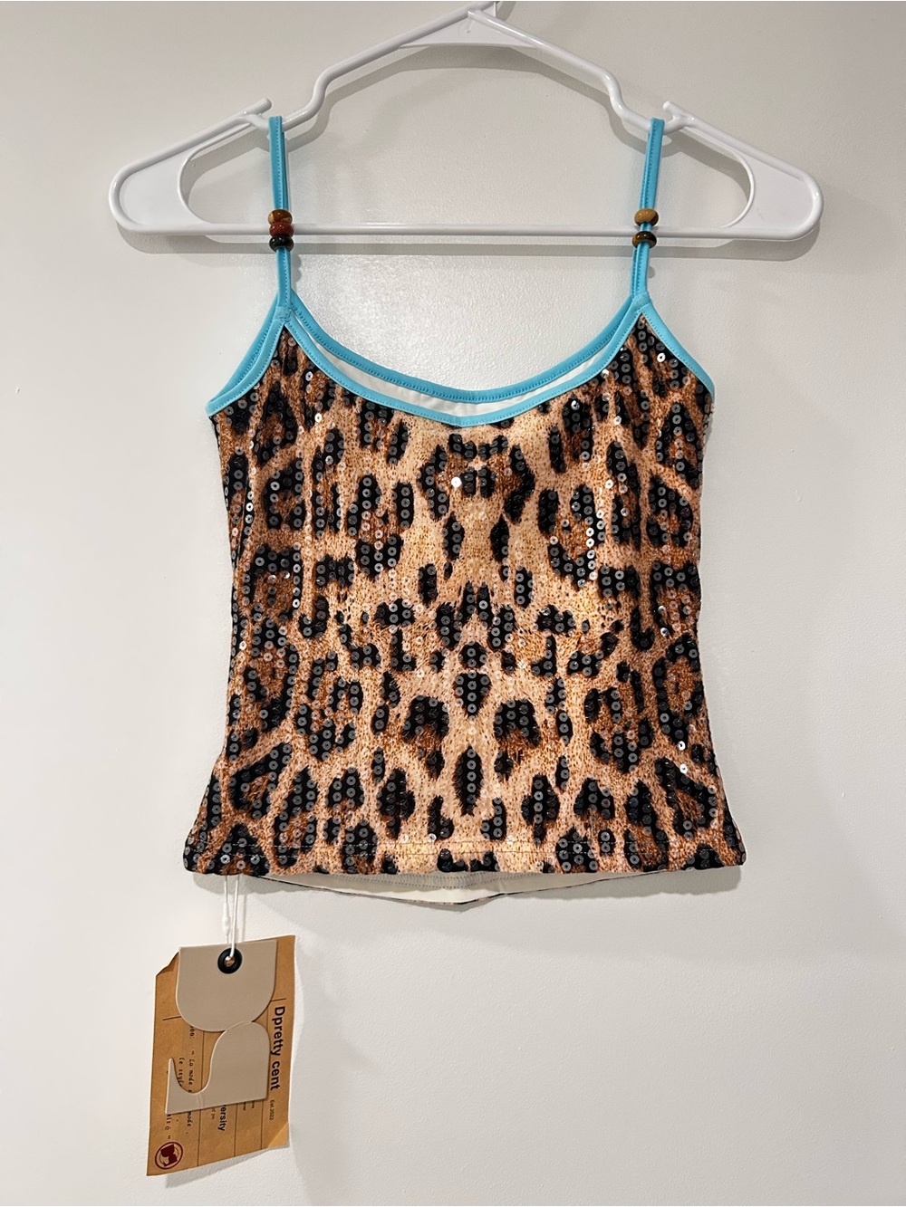 Y2K Leopard Animal Print Cami Tank with Light Blue Trim with Glass Decoration